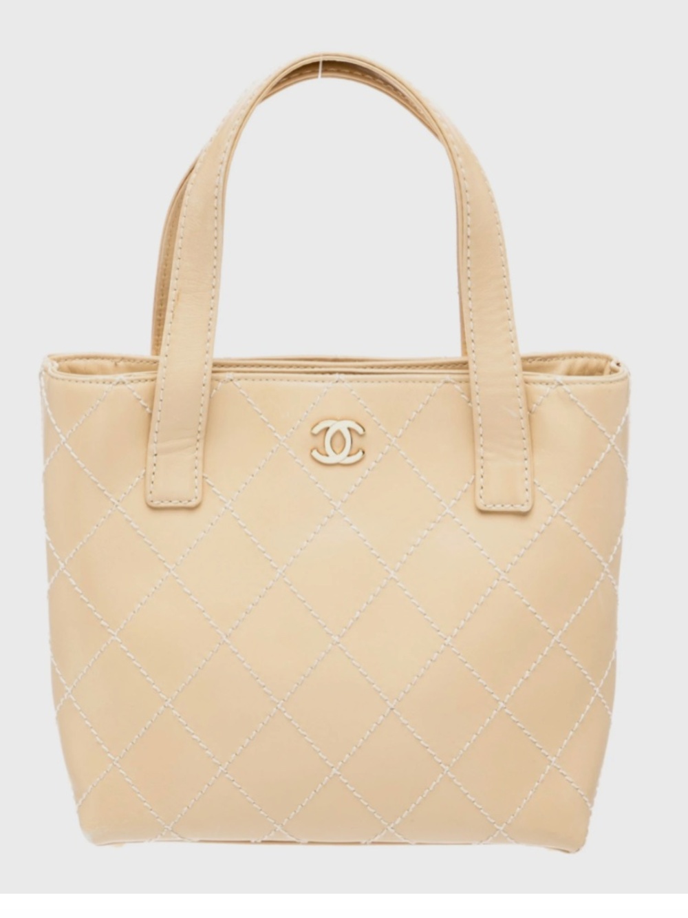 Chanel Small Surpique Tote Neutral Beige Quilted Leather Vintage Gold Hardware